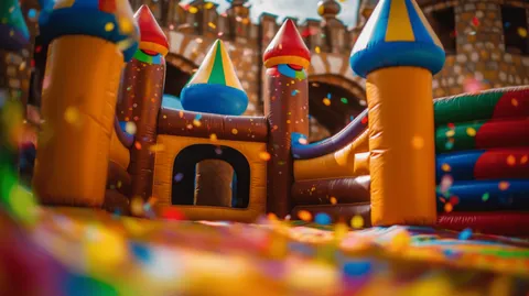 Colourful decorations around a jumping castle at a children's birthday party