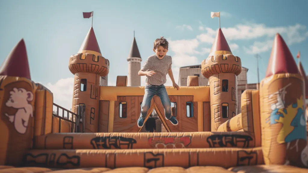 A colourful jumping castle set up in a park