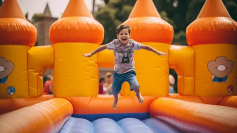Children safely playing on a jumping castle with adult supervision
