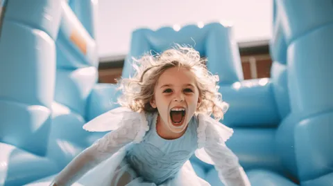 A princess-themed jumping castle at a birthday party